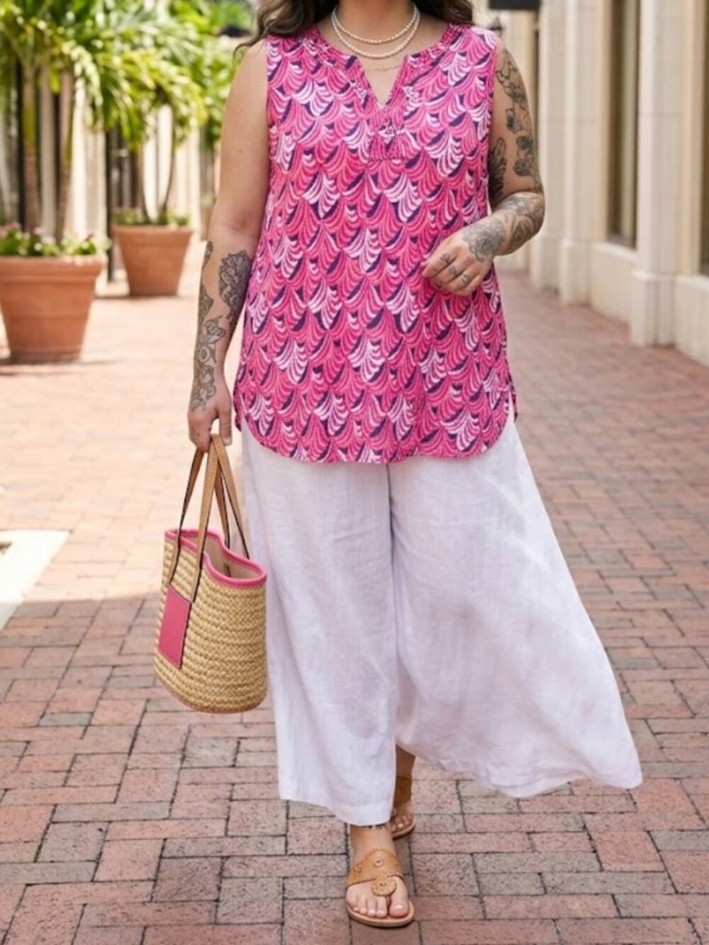 Talbots Linen Top L Scalloped Pink Resort Sleeveless V-Neck Blouse